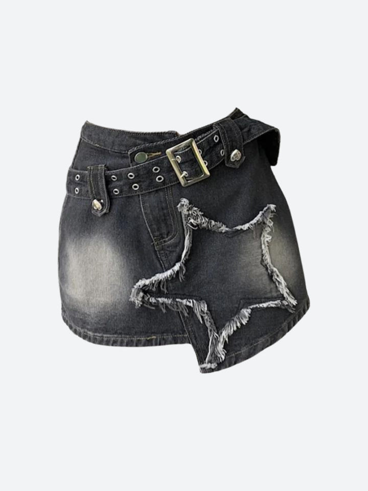 Y2K Star Asymmetric Denim Mini Skirt - Vedlit