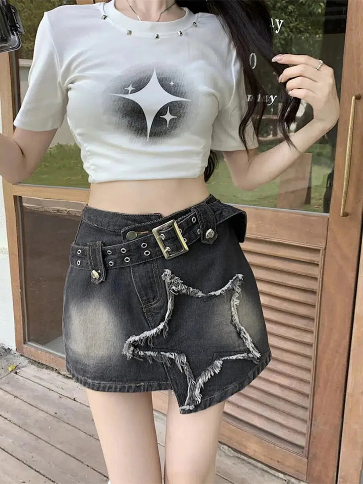 Y2K Star Asymmetric Denim Mini Skirt - Vedlit