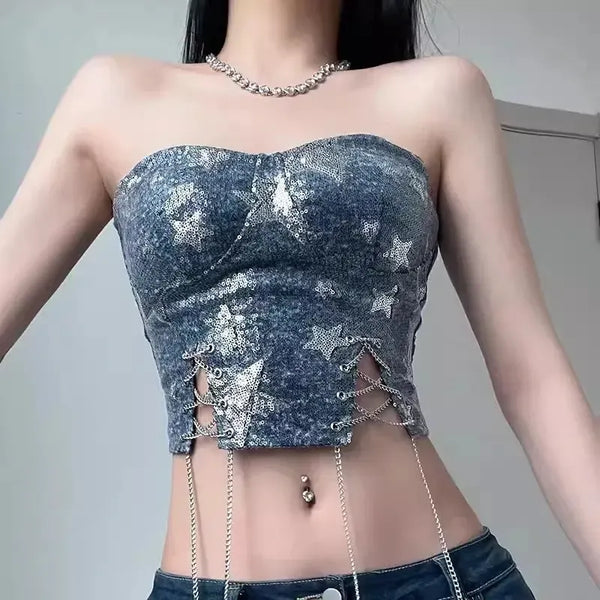 Y2K Star Sequined Crop Top - Vedlit