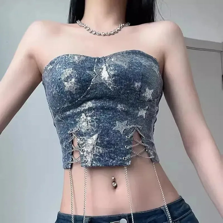 Y2K Star Sequined Crop Top - Vedlit