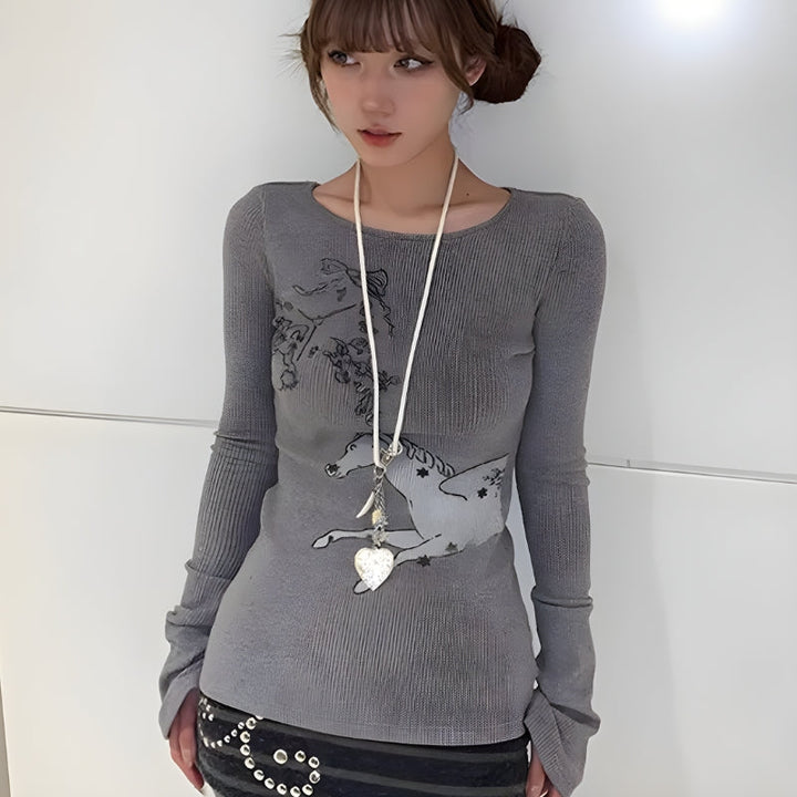 Y2K White Horse Ribbed Top - Vedlit