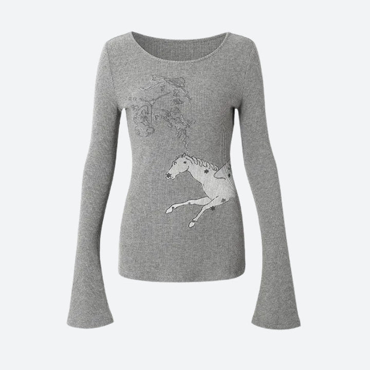 Y2K White Horse Ribbed Top - Vedlit
