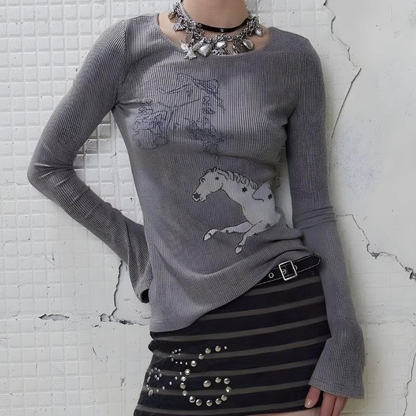 Y2K White Horse Ribbed Top - Vedlit