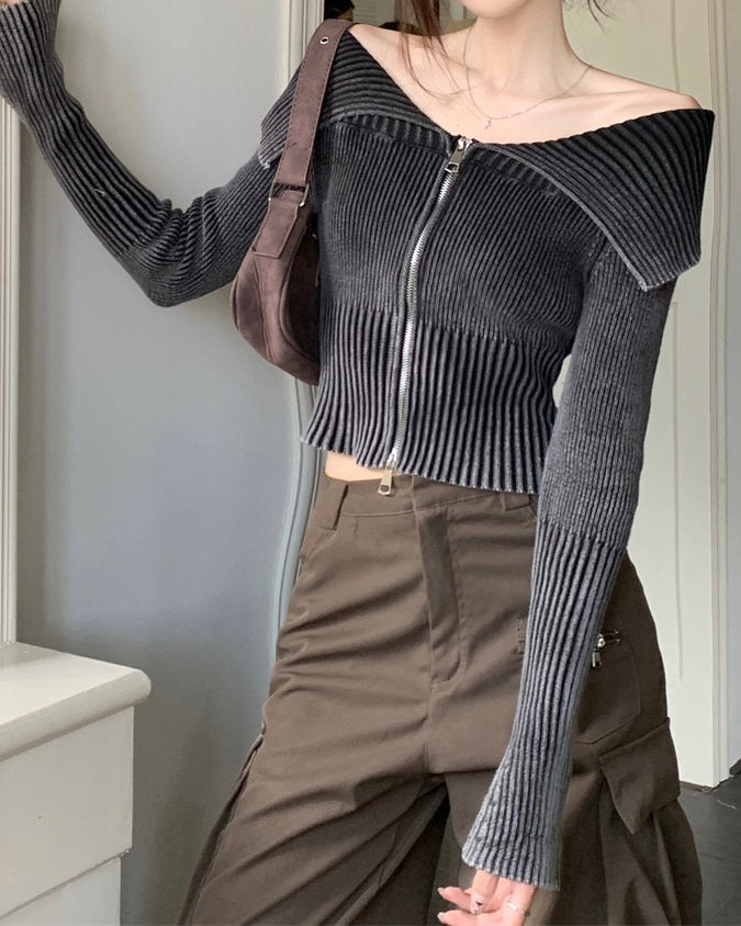Y2K Off-Shoulder Zip-Up Top - Vedlit