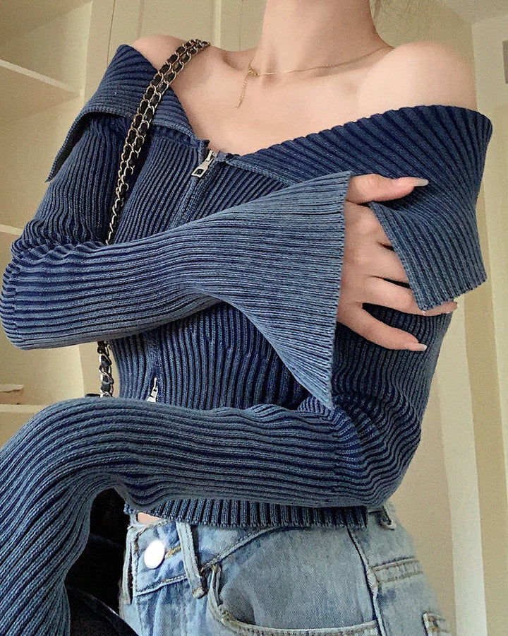 Y2K Off-Shoulder Zip-Up Top - Vedlit