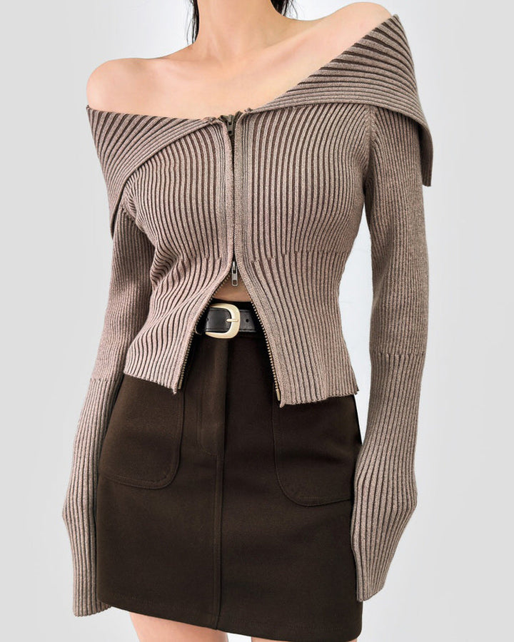 Y2K Off-Shoulder Zip-Up Top - Vedlit