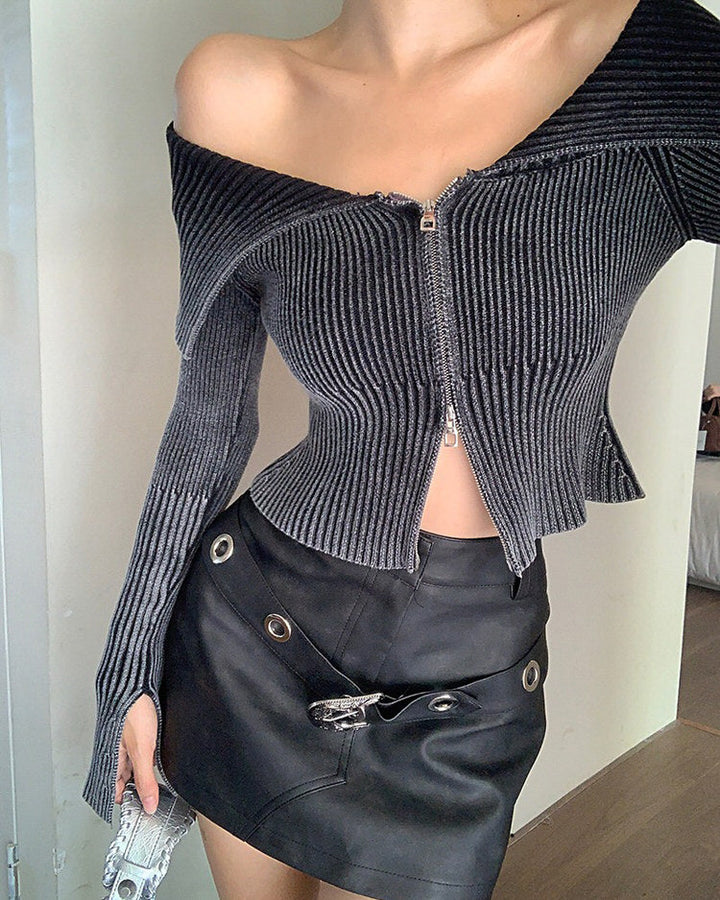 Y2K Off-Shoulder Zip-Up Top - Vedlit