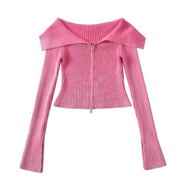 Y2K Off-Shoulder Zip-Up Top - Vedlit