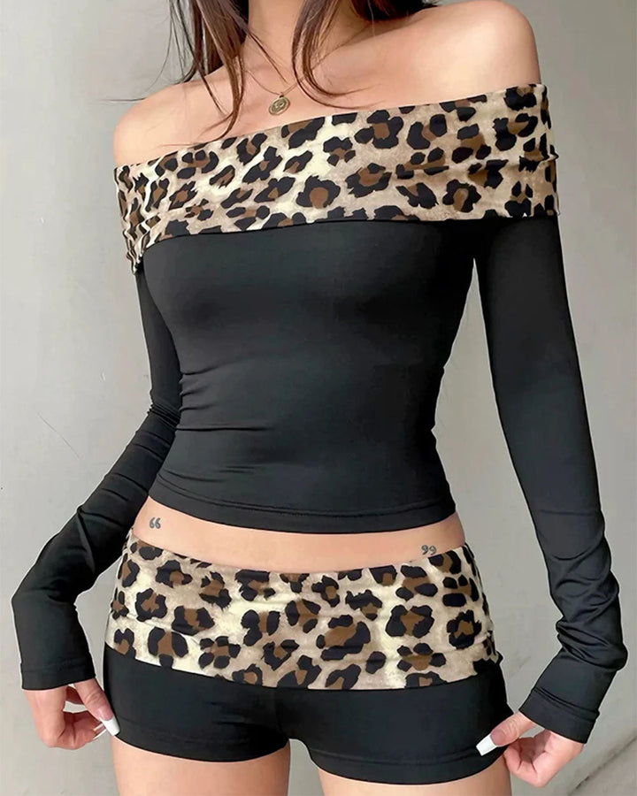 Y2K Leopard Bardot Top & Shorts Set - Vedlit