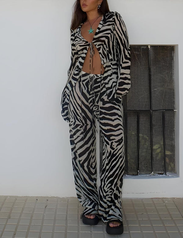 Zebra Tie Up Blouse & Pants Two Piece Set - Vedlit