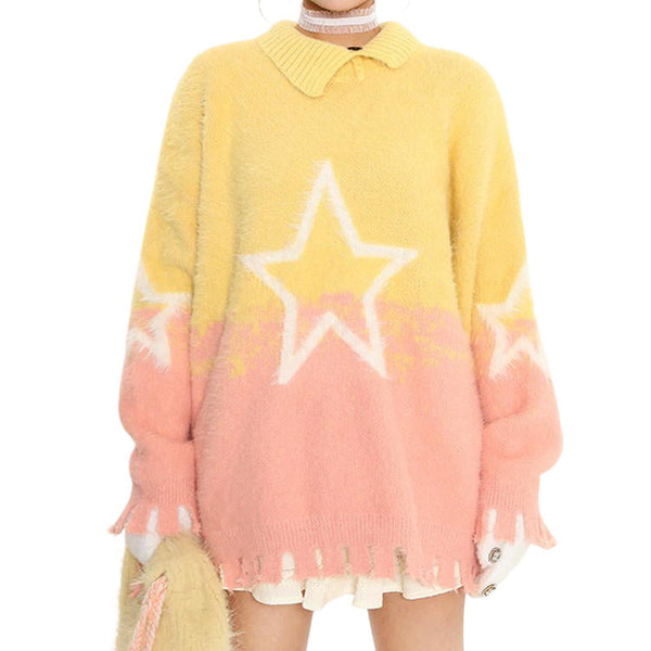 Pastel Knit Sweater with Star Design - Vedlit