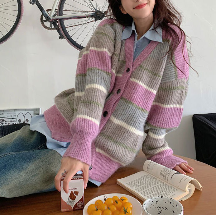 Sage Autumn Aesthetic Striped Cardigan - Vedlit