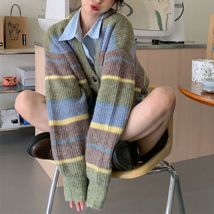 Sage Autumn Aesthetic Striped Cardigan - Vedlit