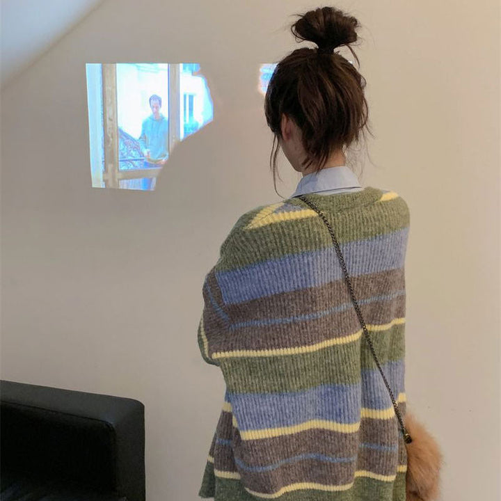Sage Autumn Aesthetic Striped Cardigan - Vedlit