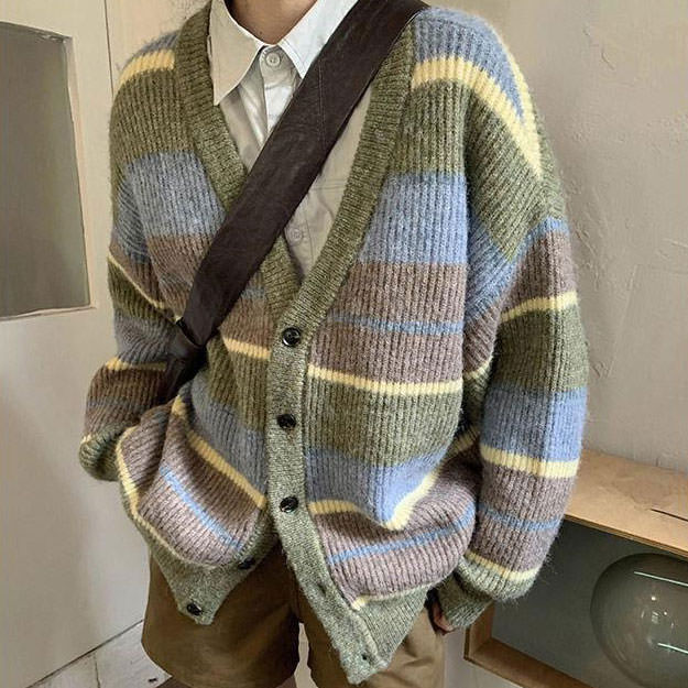 Sage Autumn Aesthetic Striped Cardigan - Vedlit
