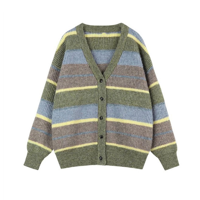 Sage Autumn Aesthetic Striped Cardigan - Vedlit