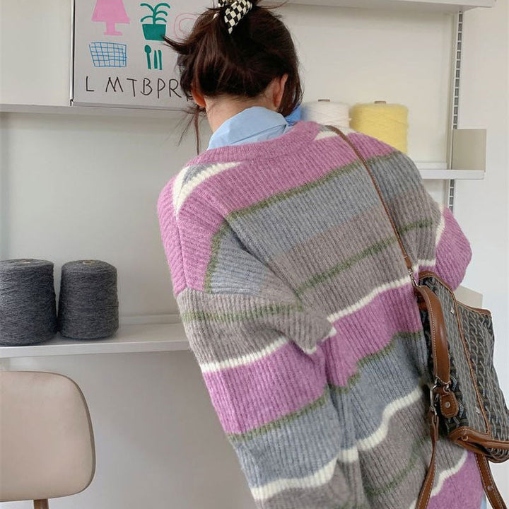 Sage Autumn Aesthetic Striped Cardigan - Vedlit
