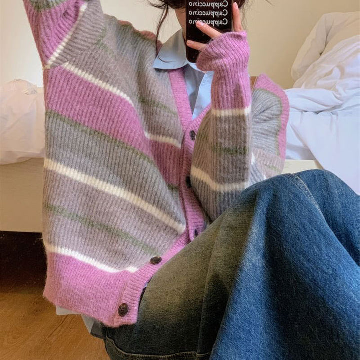 Sage Autumn Aesthetic Striped Cardigan - Vedlit