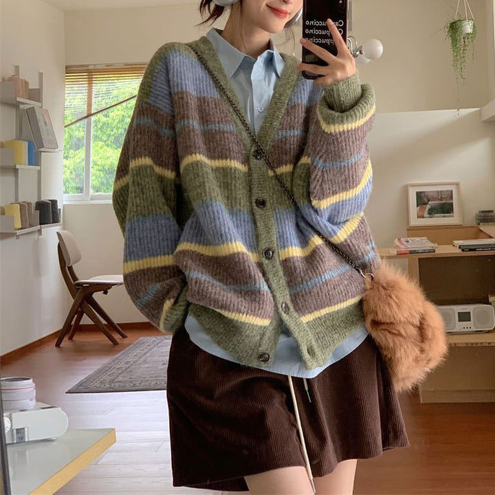 Sage Autumn Aesthetic Striped Cardigan - Vedlit