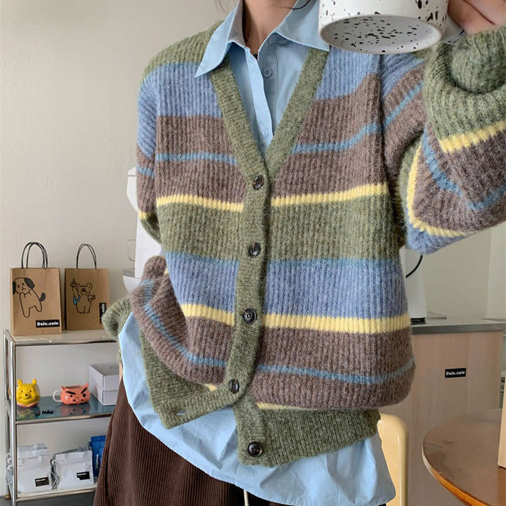 Sage Autumn Aesthetic Striped Cardigan - Vedlit