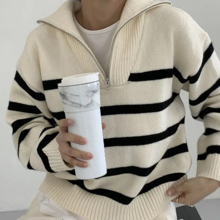 Old Money Zip Up Striped Sweater - Vedlit