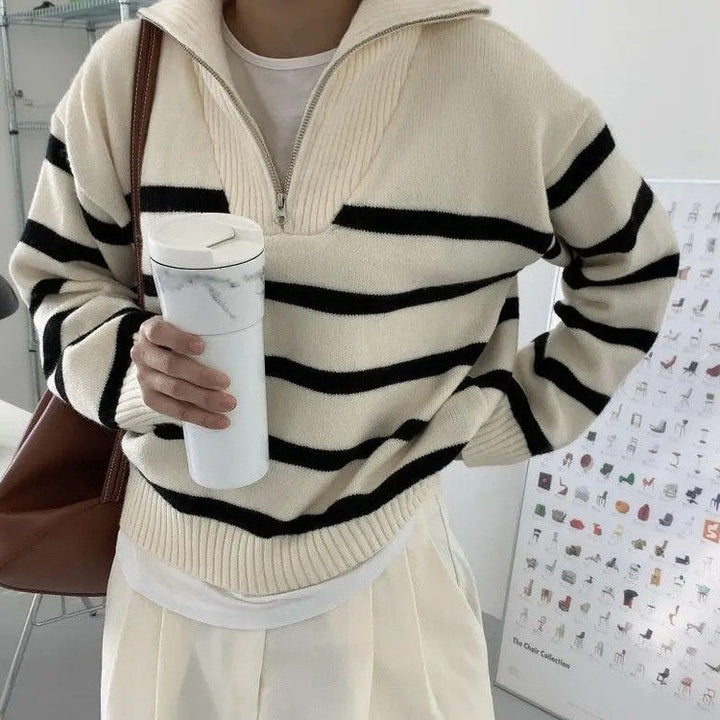 Old Money Zip Up Striped Sweater - Vedlit