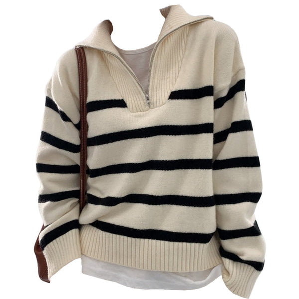 Old Money Zip Up Striped Sweater - Vedlit