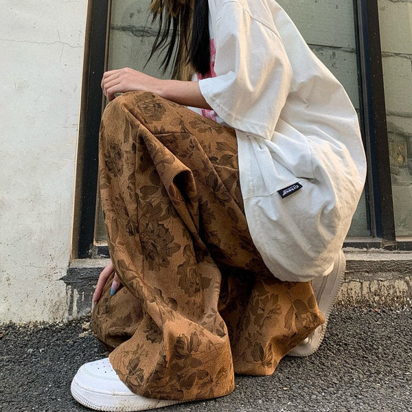 Aesthetic Wide Floral Cord Pants - Vedlit