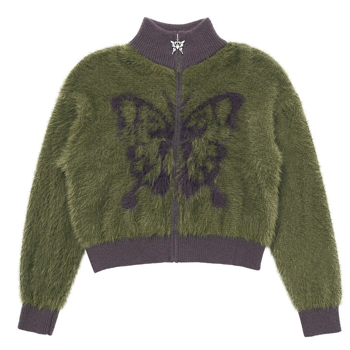 Butterfly Print Fuzzy Bomber - Vedlit