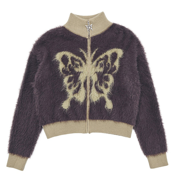 Butterfly Print Fuzzy Bomber - Vedlit