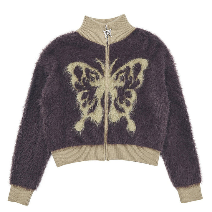 Butterfly Print Fuzzy Bomber - Vedlit