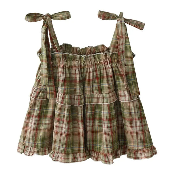Grandma Aesthetic Plaid Bow-Tie Top - Vedlit