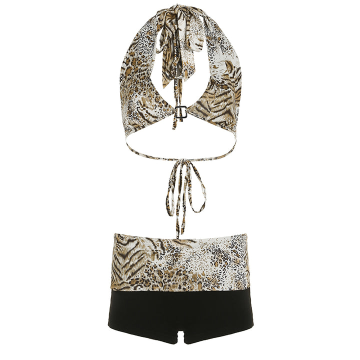 Animal Print Halter Bikini Set with Boyshort Bottoms - Vedlit