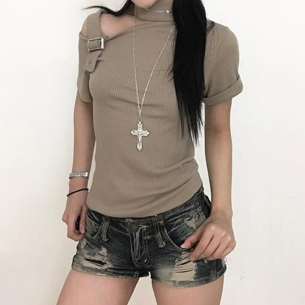 Asymmetric Buckle Cutout Ribbed Tee in Taupe - Vedlit