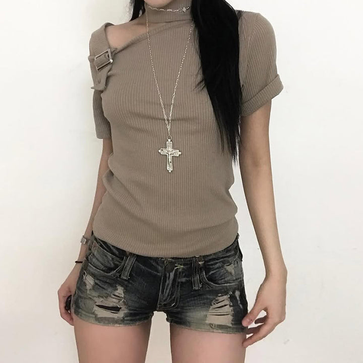 Asymmetric Buckle Cutout Ribbed Tee in Taupe - Vedlit