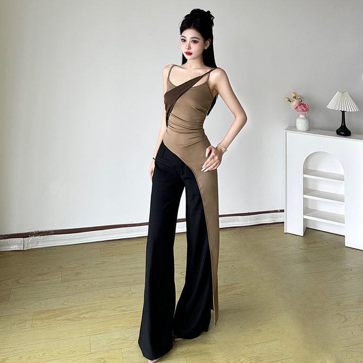 Asymmetric Contrast Drape Spaghetti Strap Top - Vedlit