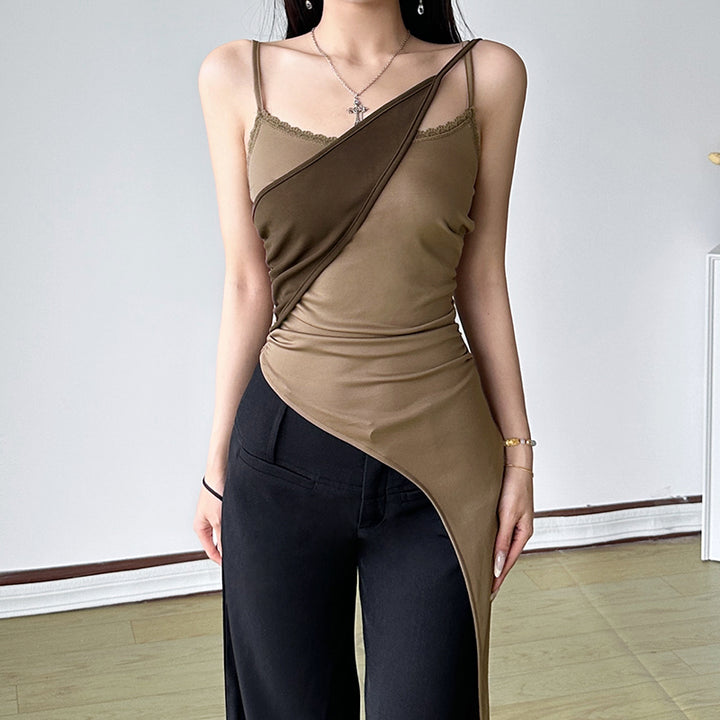 Asymmetric Contrast Drape Spaghetti Strap Top - Vedlit