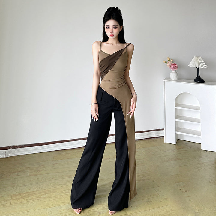 Asymmetric Contrast Drape Spaghetti Strap Top - Vedlit