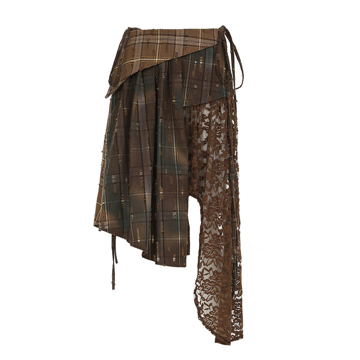 Asymmetric Plaid Lace Patchwork Skirt with Drawstrings - Vedlit
