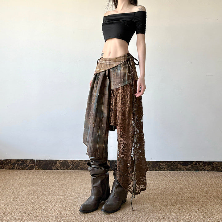 Asymmetric Plaid Lace Patchwork Skirt with Drawstrings - Vedlit