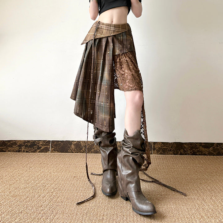 Asymmetric Plaid Lace Patchwork Skirt with Drawstrings - Vedlit