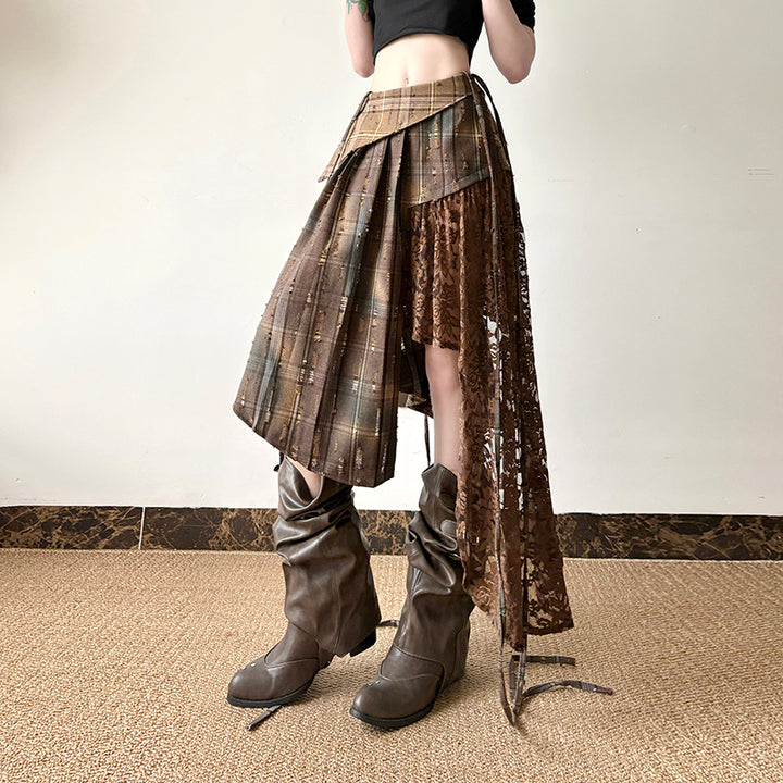 Asymmetric Plaid Lace Patchwork Skirt with Drawstrings - Vedlit