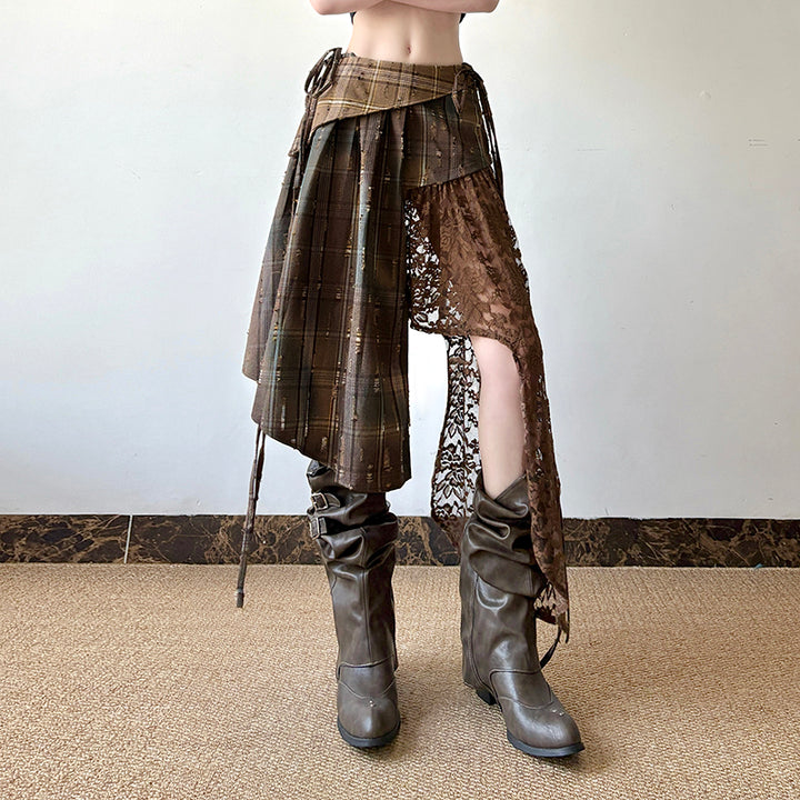 Asymmetric Plaid Lace Patchwork Skirt with Drawstrings - Vedlit