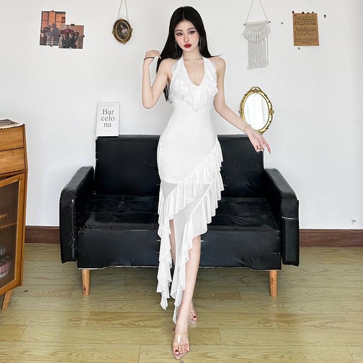 Asymmetric Ruffle Halter Bodycon Dress – White Glam Look - Vedlit