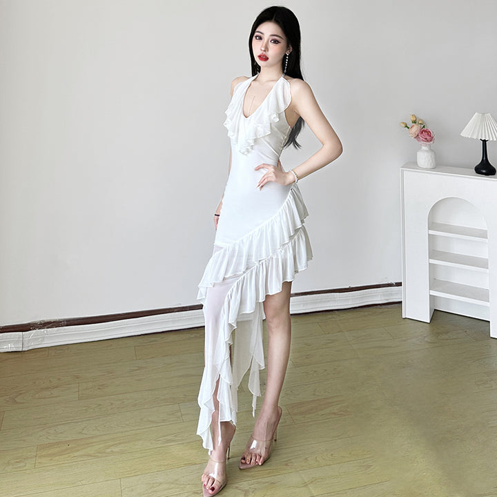 Asymmetric Ruffle Halter Bodycon Dress – White Glam Look - Vedlit