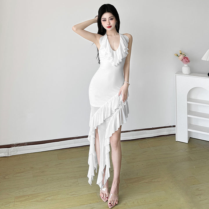 Asymmetric Ruffle Halter Bodycon Dress – White Glam Look - Vedlit