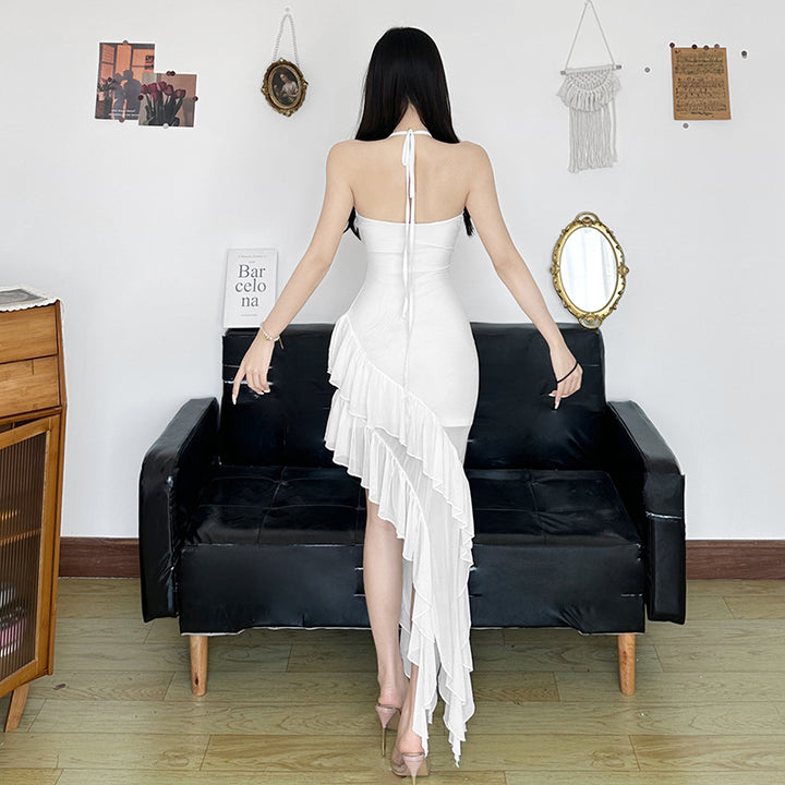Asymmetric Ruffle Halter Bodycon Dress – White Glam Look - Vedlit