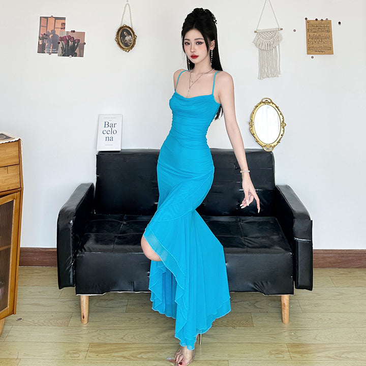 Asymmetric Ruffle Hem Spaghetti Strap Bodycon Maxi Dress - Vedlit