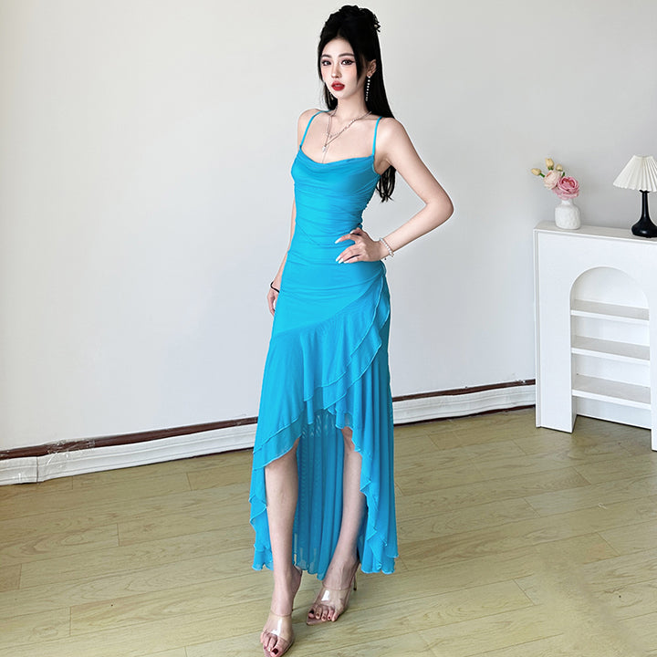 Asymmetric Ruffle Hem Spaghetti Strap Bodycon Maxi Dress - Vedlit