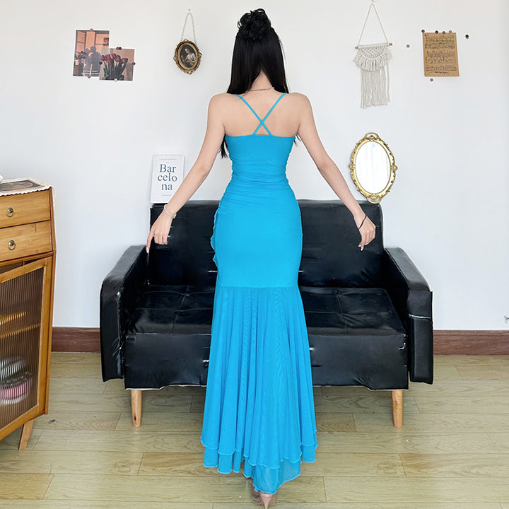 Asymmetric Ruffle Hem Spaghetti Strap Bodycon Maxi Dress - Vedlit